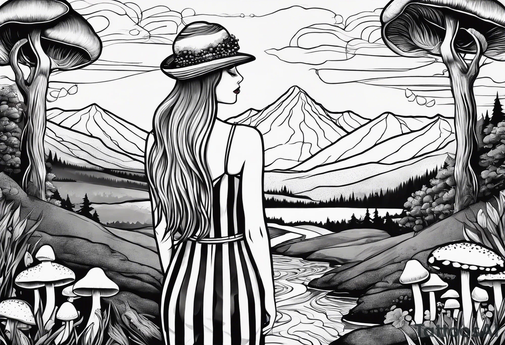 Straight long blonde hair girl in distance holding mushrooms in hand facing away toward mountains and creek surrounded by mushrooms black and white striped dress tattoo idea