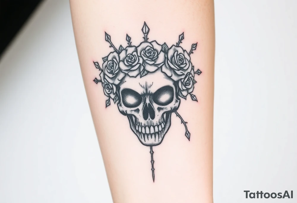 ornate skull adorned with crown of wild roses and thorns tattoo idea