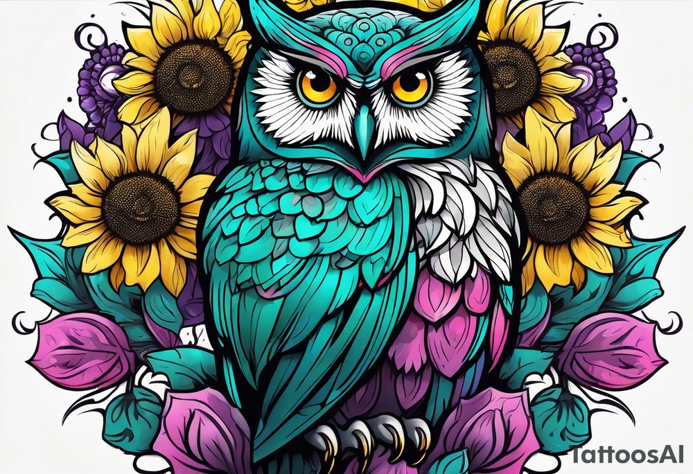 Black and white owl shaded teal, pink and purple surrounded by yellow sunflowers sleeve tattoo idea