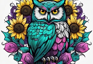 Black and white owl shaded teal, pink and purple surrounded by yellow sunflowers sleeve tattoo idea