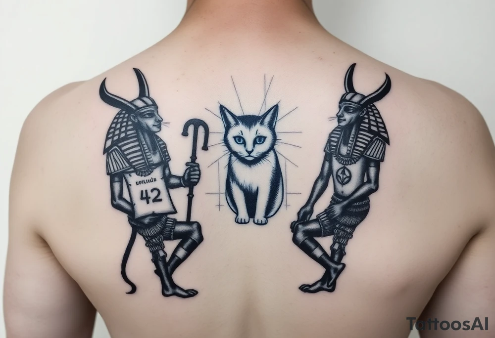 "Anubis split into two entangled versions:  
1. Ancient (holding papyrus with '42')  
2. Cyber (with quantum server instead of a heart)  
Between them: Schrödinger’s cat as a hologram.  

Style: Double exposure tattoo. Black/blue. Back piece." tattoo idea