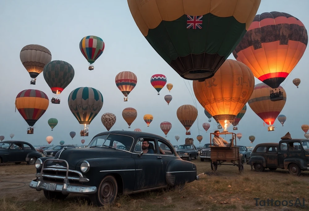 in a very steam punk vibe i want you to make a picture of a bunch of old beat up cars with people lounging in them and garbage and junk all up in and on them, tied to hot air balloons floating in the sky right about dusk and they are as far as the eye can see i want the cars to be floating as if they were the basket to the hot air balloons and the hot air balloons are all different colors and patterns and some are old and patched and i dont want to see the ground at all  i want this to be a scene that is up in the sky with them all floating under the balloons like it is in a dream and every single balloon in the picture is attached to a different old car, and some of the cars you can see people kicked back with thier feet out the window and stuff on the dash of the car, and some with people hanging an arm out hte window some have cigarrette smoke coming out the window, and the balloons all are different but every single car is floating high in the sky and i dont want there to be too many balloons and cars, just a few close together, and the rest ll are smaller and off in the distance 

and it should look like i too am in a car attached to a hot air balloon floating along as well tattoo idea
