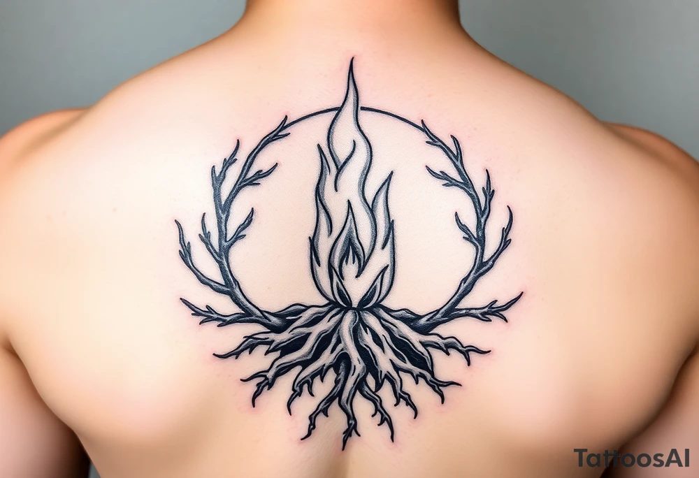 a flame imprisoned in roots circle tattoo idea