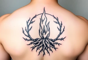 a flame imprisoned in roots circle tattoo idea