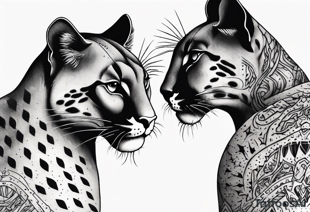 Two black pumas walking past each other and looking at each other, seen from above tattoo idea