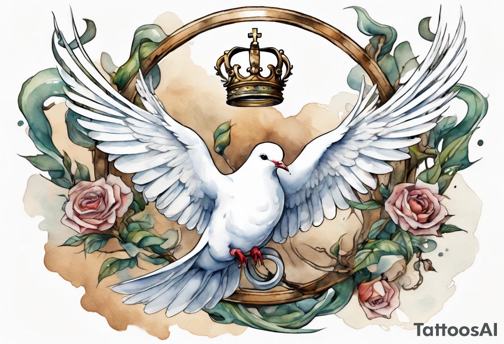 a white dove-serpent hybrid, holding an iron crown tattoo idea