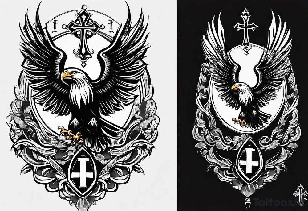 A tattoo that states catholic religion, pain and discipline to achieve your goals in life. it should be placed on the upper back. symbol of an eagle tattoo idea