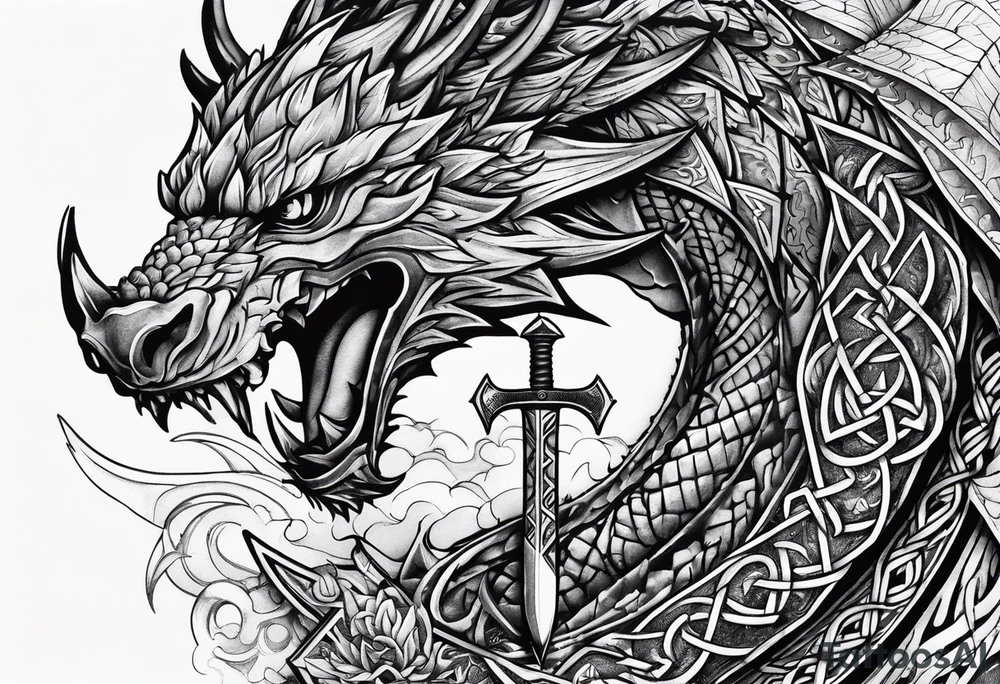 Valhalla sword shield dragon axe Valknut barbed wire chains tattoo idea