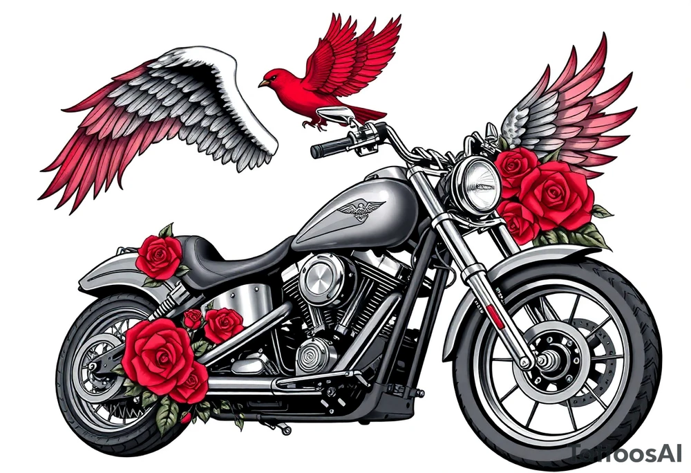 Harley grey motorcycle driving away, two red birds flying, roses, flames, angel wings tattoo idea