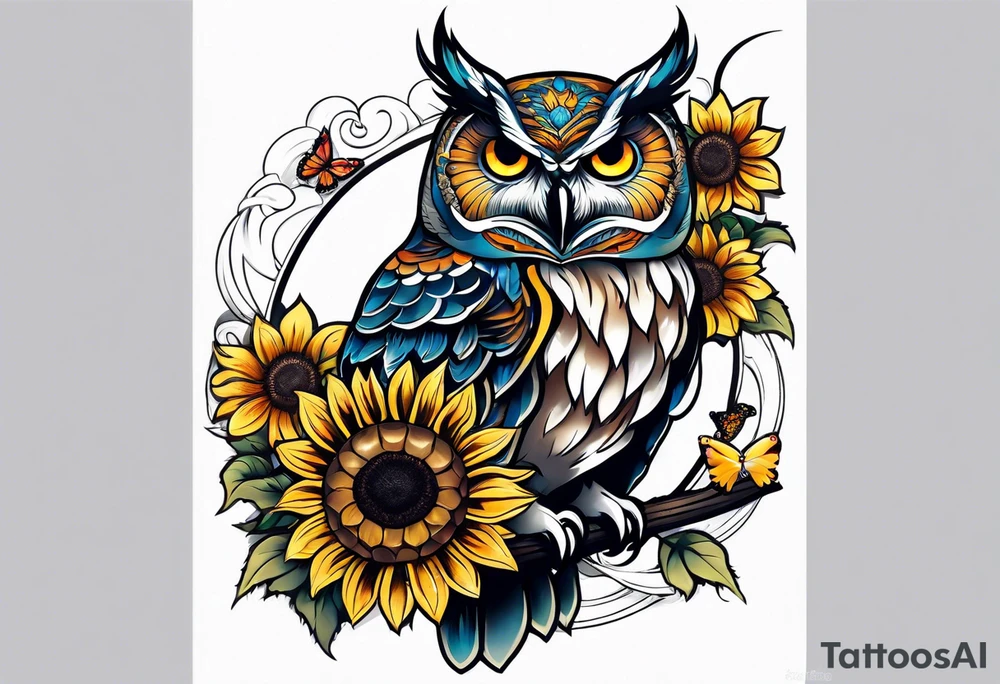 Sleeve with a owl sunflower and butterfly tattoo idea