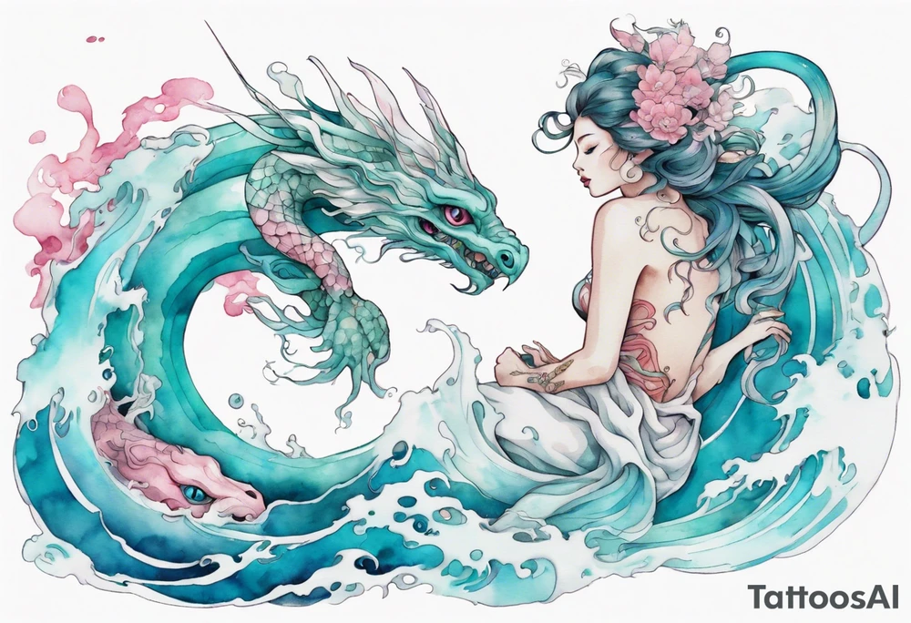 a beautiful turquoise and white and pink fairy serpent rising from the blue waves of the ocean tattoo idea