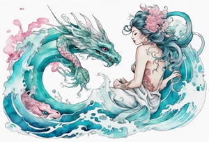 a beautiful turquoise and white and pink fairy serpent rising from the blue waves of the ocean tattoo idea