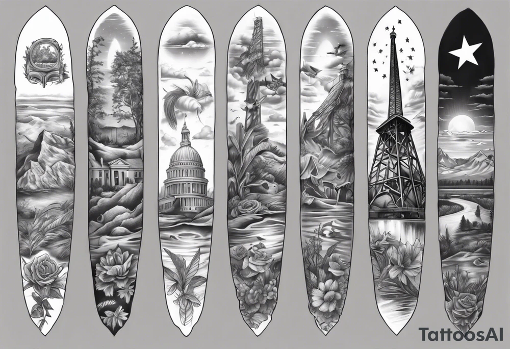 California on top and Texas on bottom theme arm sleeve tattoo idea