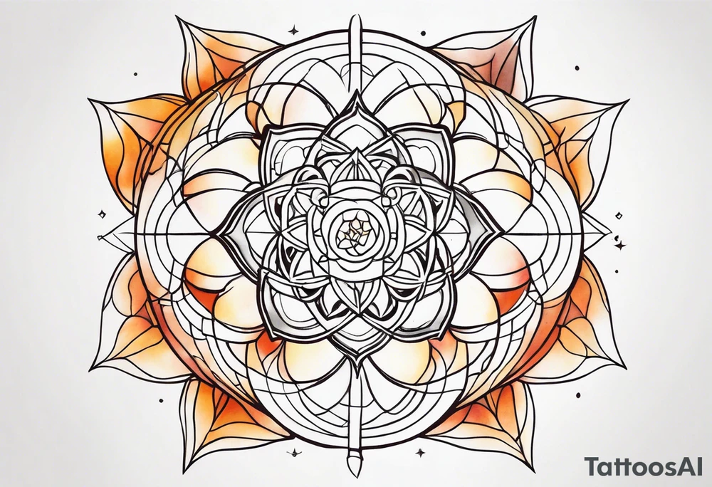 front knee tattoo with sacred geometry, swirls & washes, background and in fall colors tattoo idea