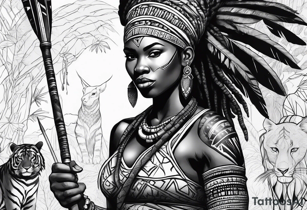 African woman warrior with tribe scars and spear in hand with animals in background tattoo idea