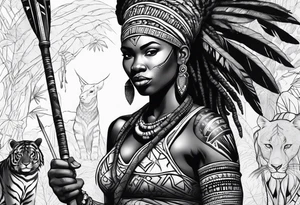 African woman warrior with tribe scars and spear in hand with animals in background tattoo idea