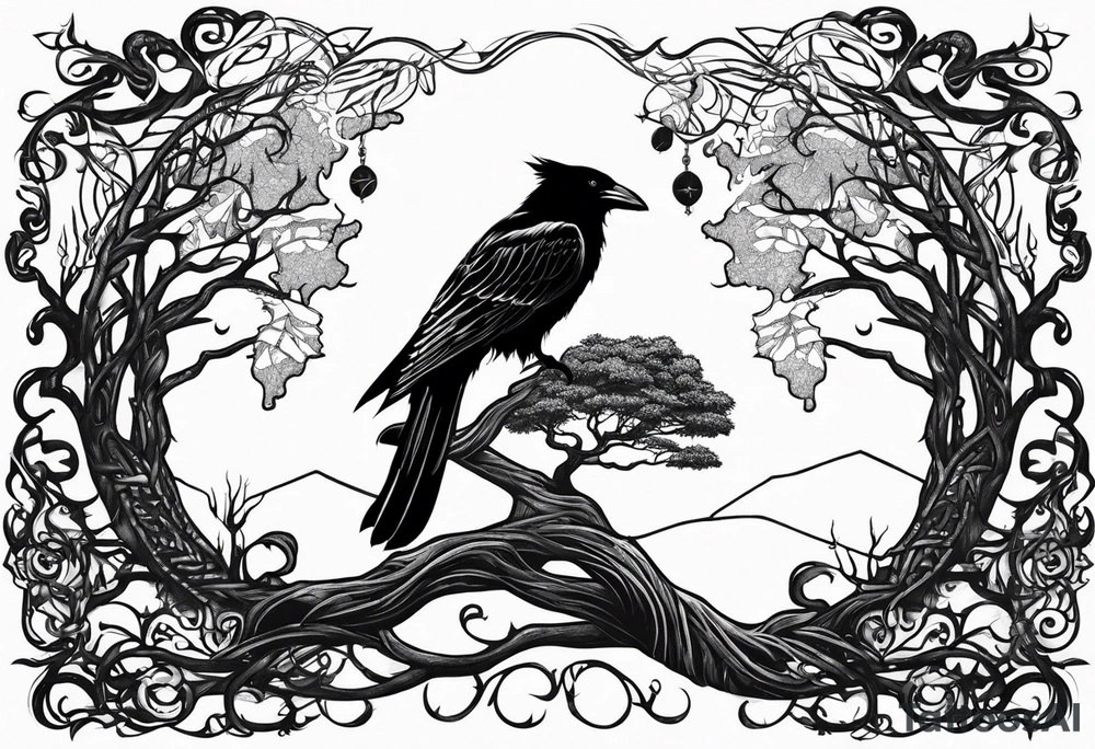 world tree with a cat and a raven and knotwork arm tattoo tattoo idea
