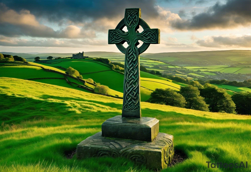A large, weathered stone Celtic cross standing proudly atop a lush green hill, its four arms stretching skyward. The cross is intricately carved with intertwining knots and spirals, reflecting the artistry of the ancient Celts. A large raven sits perched at the intersection of the cross's arms, its ebony feathers gleaming in the soft light. The bird's eyes seem to hold a wisdom beyond its years, as if it has been witness to countless generations come and gone. tattoo idea