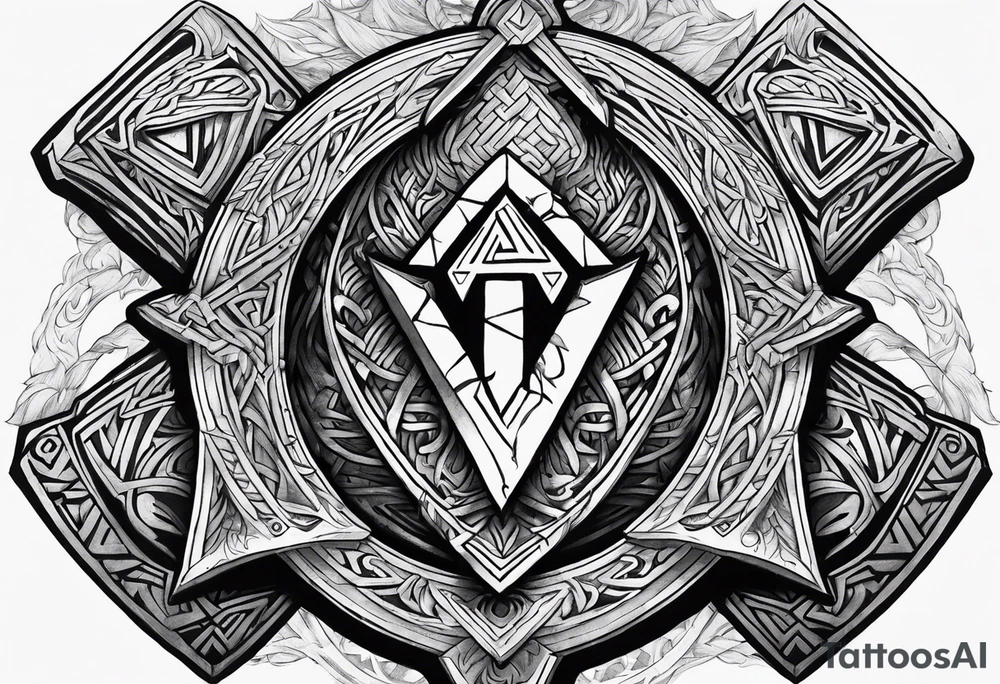 Valhalla sword shield axe Valknut fire tattoo idea
