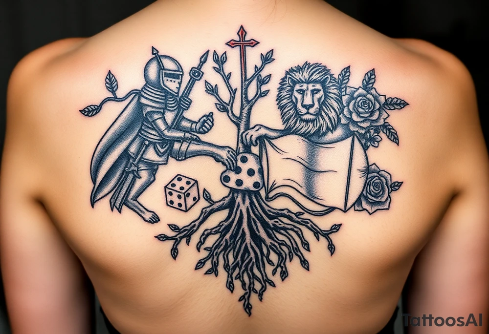 knight and Lion intertwined with tree roots and roses rolling dice tattoo idea