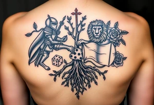 knight and Lion intertwined with tree roots and roses rolling dice tattoo idea