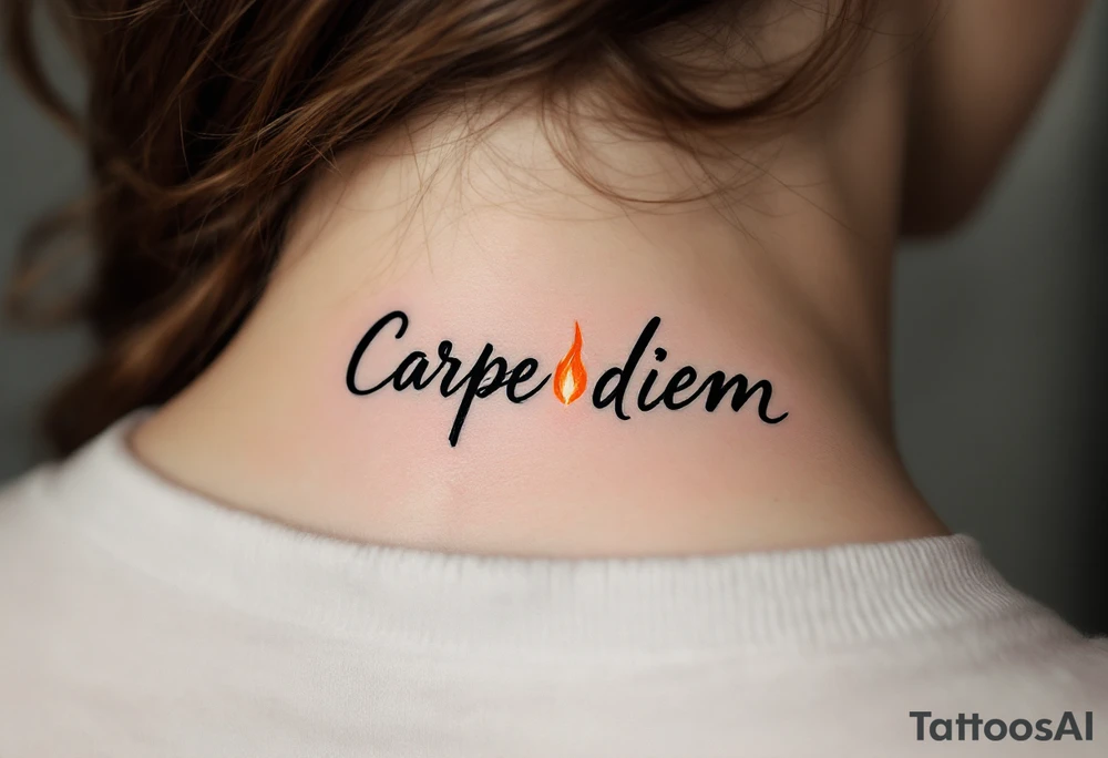 A small black handwritten "Carpe Diem" with a flickering orange flame dotting the “i." in the back of a neck. tattoo idea