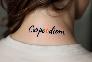 A small black handwritten "Carpe Diem" with a flickering orange flame dotting the “i." in the back of a neck. tattoo idea