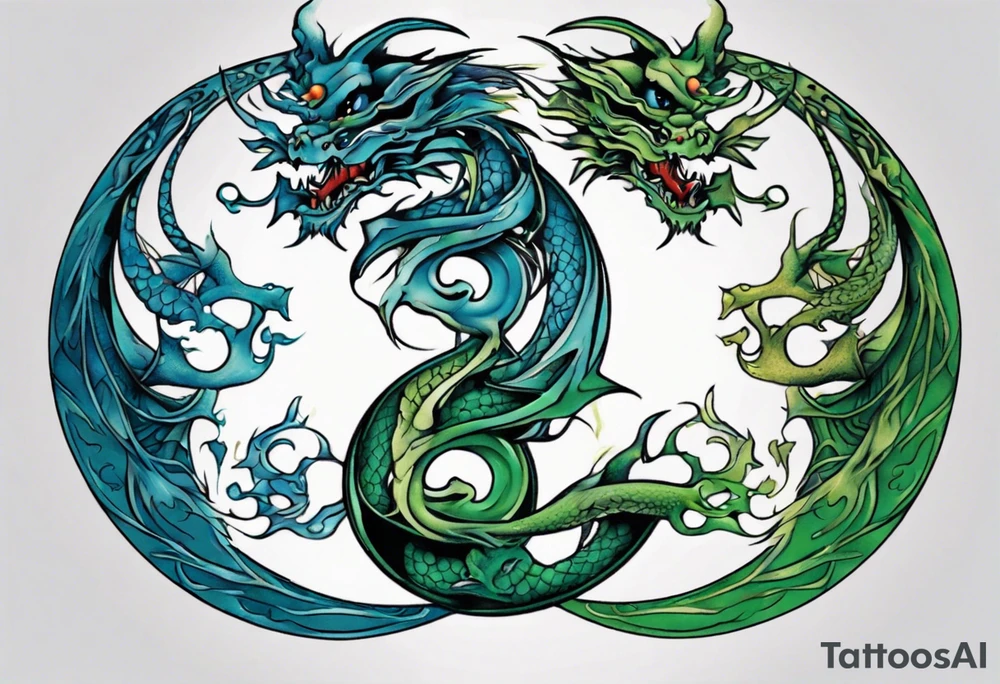 ying yang dragon half blue half green tattoo idea