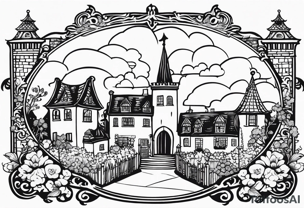 medieval town houses open gate towers garden circle vignette surrounded by clouds tattoo idea