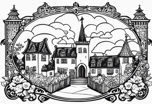medieval town houses open gate towers garden circle vignette surrounded by clouds tattoo idea