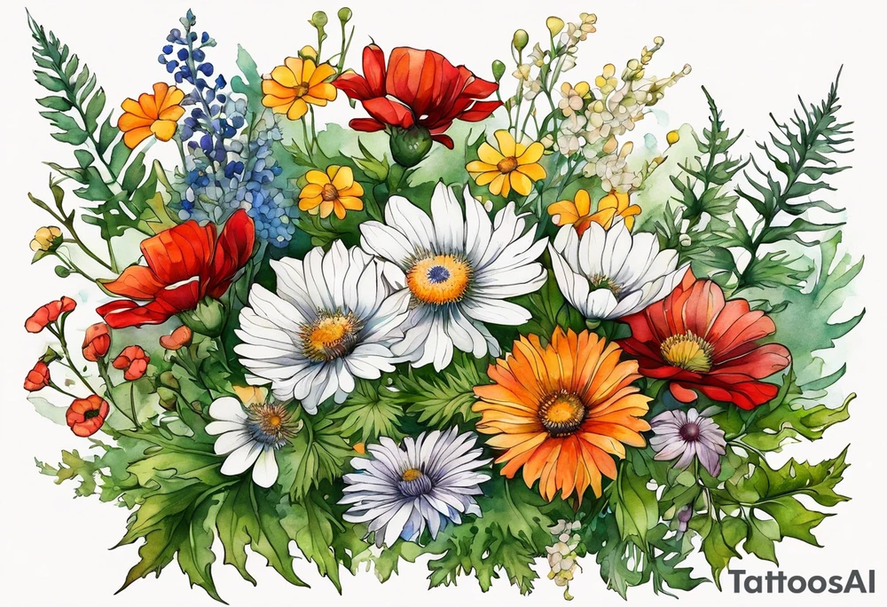 simple wildflowers cascading with thistles, ferns, white anemones, sun flowers, red flowers, green flowers, buttercups, orange flowers, babys breath and daisies all in watercolor tattoo idea