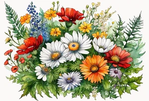 simple wildflowers cascading with thistles, ferns, white anemones, sun flowers, red flowers, green flowers, buttercups, orange flowers, babys breath and daisies all in watercolor tattoo idea