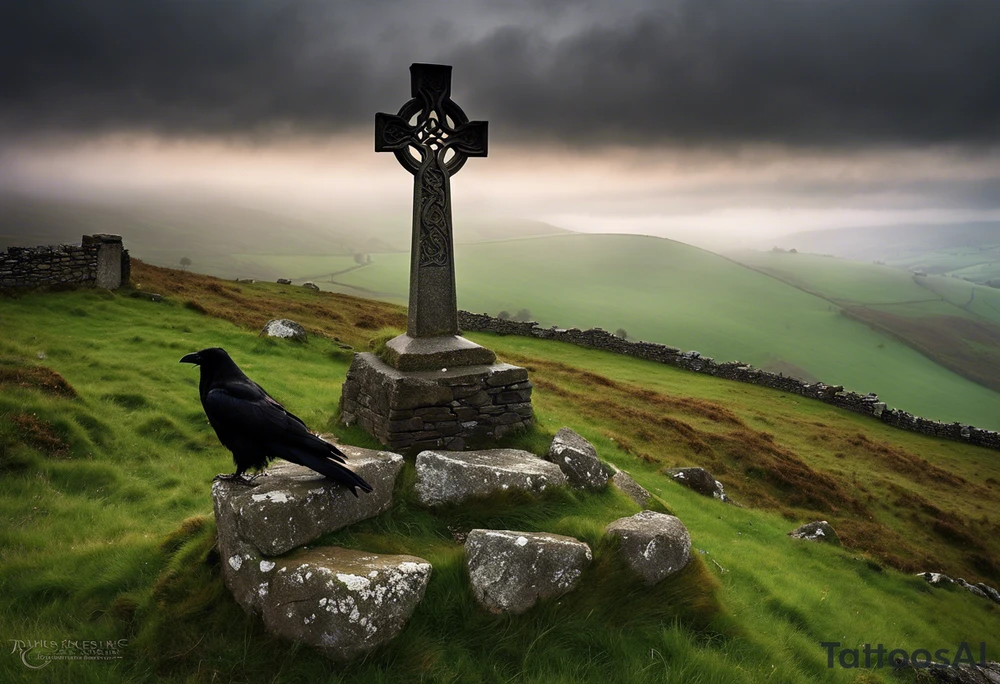 A stone Celtic cross solemnly standing atop a hill, a raven perches atop the cross staring out over the desolation. A ruined stone wall lies crumbling near the cross. Mist rolls along the hilltops adding to the melancholic nature of the scene. Clouds gather in the distance, obscuring the setting sun tattoo idea