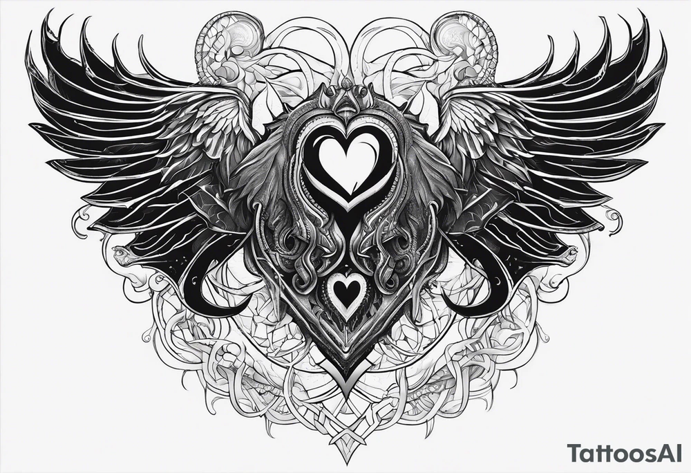 Lovecraftian creature. Protecting heart. Long tattoo for sleeve. Vertical. tattoo idea