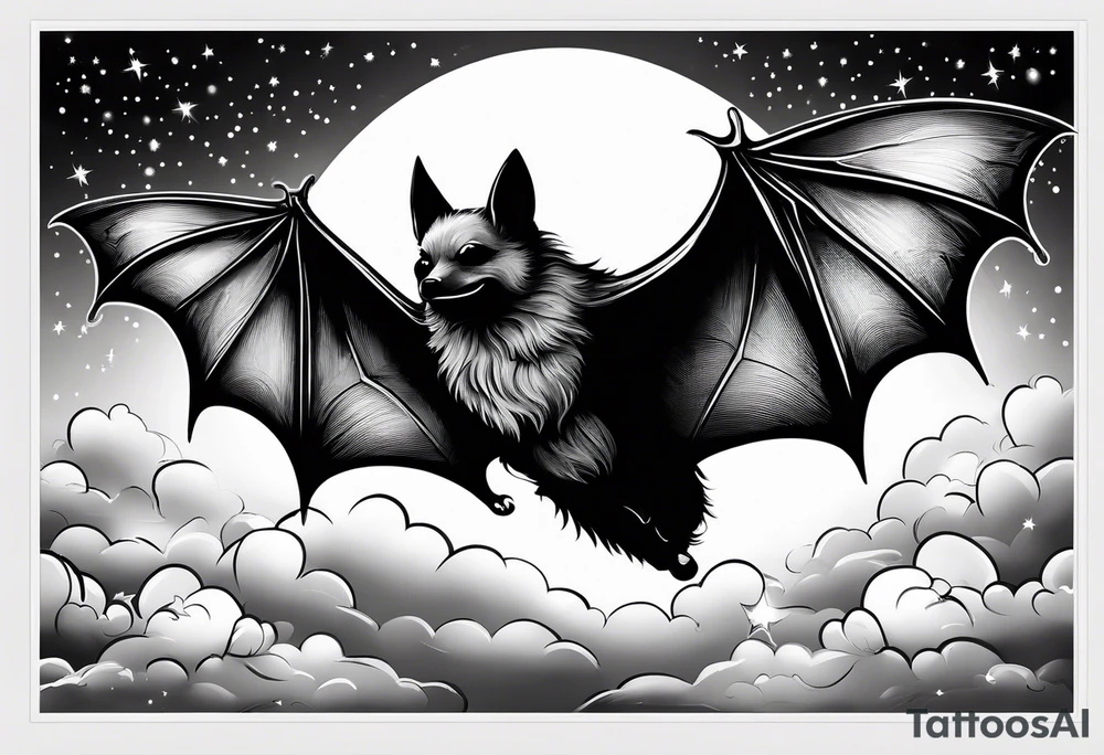 A bat coming out of clouds with sparkles tattoo idea