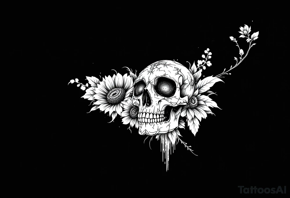 ornate skull adorned with wild roses and sunflowers tattoo idea