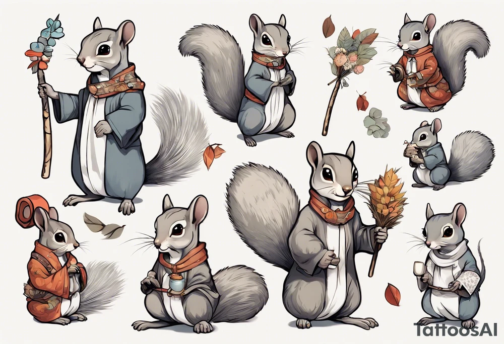 a grey squirrel dressed in a tunic holding a large white stick tattoo idea