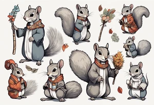 a grey squirrel dressed in a tunic holding a large white stick tattoo idea
