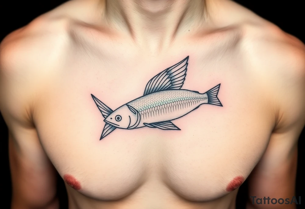 minimal fine line bird and fish tattoo, for chest, man. not many details. a lot of black color tattoo idea