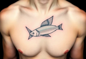 minimal fine line bird and fish tattoo, for chest, man. not many details. a lot of black color tattoo idea