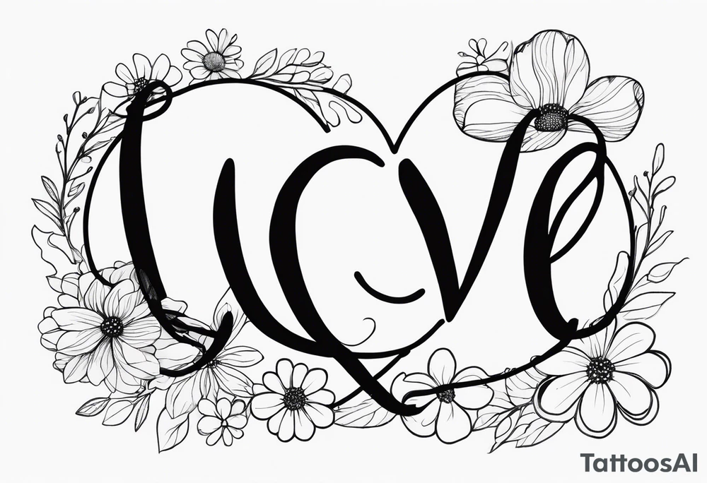 minimalist draw the work love in cursive and lowercase letters making the o in love a dog paw print and entwine a 2 wild flowers in the word love tattoo idea