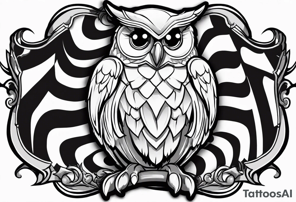 cartoon owl dressed up in a ghost halloween costume in a wrestling ring against a cow tattoo idea