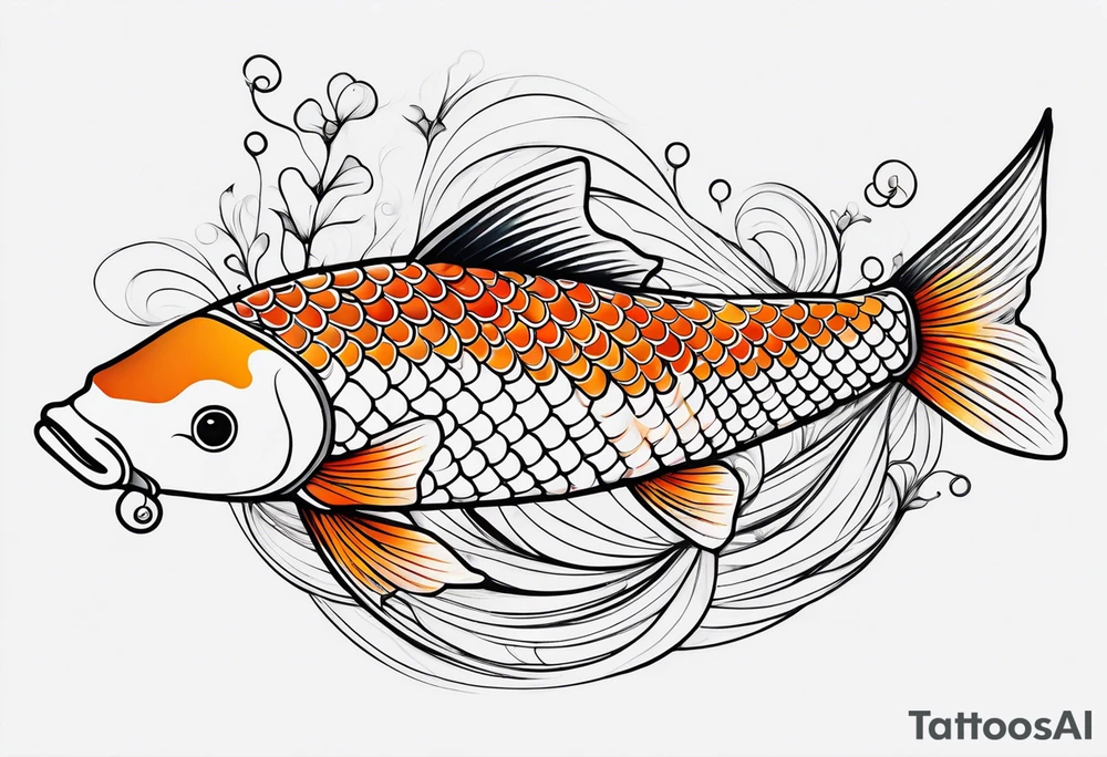 koi fish, little narrow body, elongated fins, trimmed with pearls, ginkgo leaves, minimalism desing, sketch technic, gradient lines theme tattoo idea