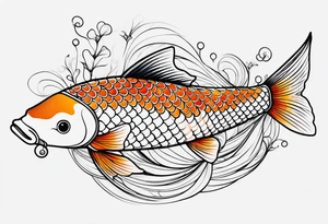 koi fish, little narrow body, elongated fins, trimmed with pearls, ginkgo leaves, minimalism desing, sketch technic, gradient lines theme tattoo idea