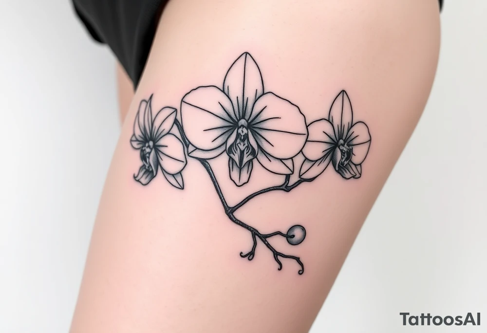 3 delicate fine line orchids realistic with a mix with vagina and branching tattoo idea
