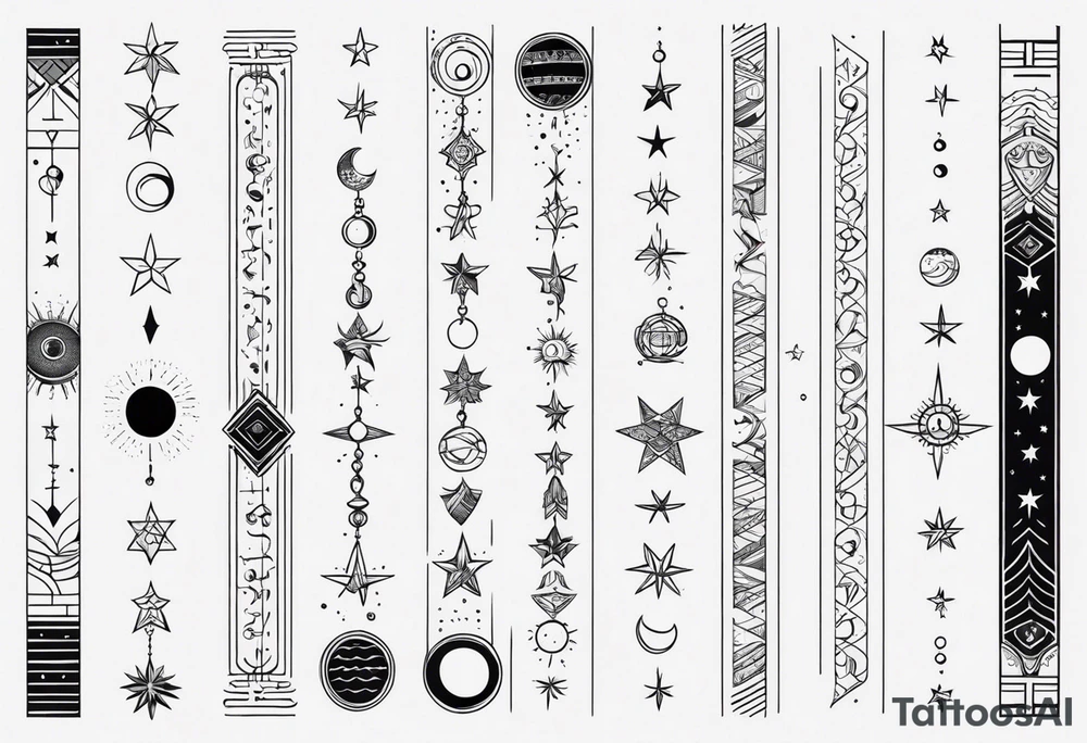 Long narrow line spine tattoo. Includes moon, stars and ancient symbols. Minimal design. tattoo idea