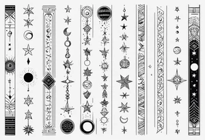 Long narrow line spine tattoo. Includes moon, stars and ancient symbols. Minimal design. tattoo idea