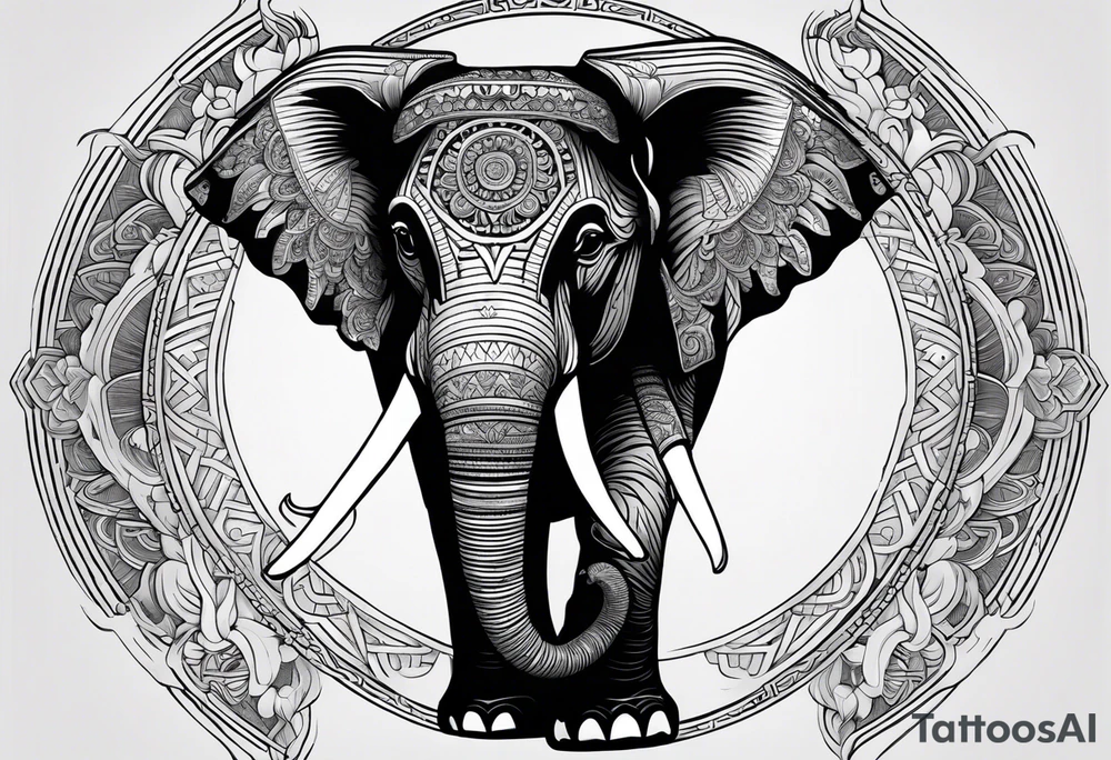 A Thai style design that is round and with an Asian elephant in the middle. The elephant is only the head of the elephant facing in the middle tattoo idea