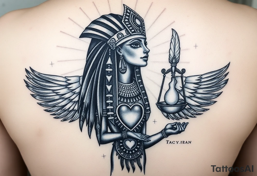 “Super realistic black and grey tattoo of the Egyptian goddess Ma’at, depicted as a regal woman with an ostrich feather headdress, intense glowing eyes, and intricate ancient Egyptian jewelry. She stands or floats amidst swirling cosmic energy and beams of light, with subtle hieroglyphics and pyramids in the background. Incorporate the Scales of Justice—one side holding a heart, the other Ma’at’s feather—glowing with ethereal energy. Emphasize dramatic lighting, deep shadows, and surreal, mystical atmosphere to match a sleeve with Anubis and cosmic motifs. Design should flow with existing sleeve art, using soft transitions and layered textures. tattoo idea