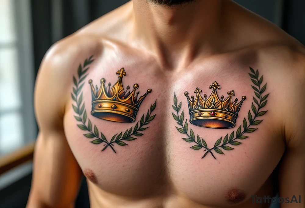 Realistic king and queen crown tattoos with metallic gold tones, surrounded by laurel leaves in muted olive green. tattoo idea